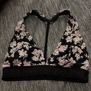 PINK Victoria's Secret Black Lace Bralette with Pink & Cream Floral Embroidery
